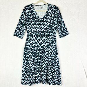 Svaha Organic Cotton Dress Size 14 Pockets Abstract V-Neck Blue